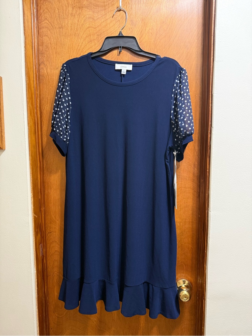 CeCe Navy Midi Dress with Polka Dot Sleeves